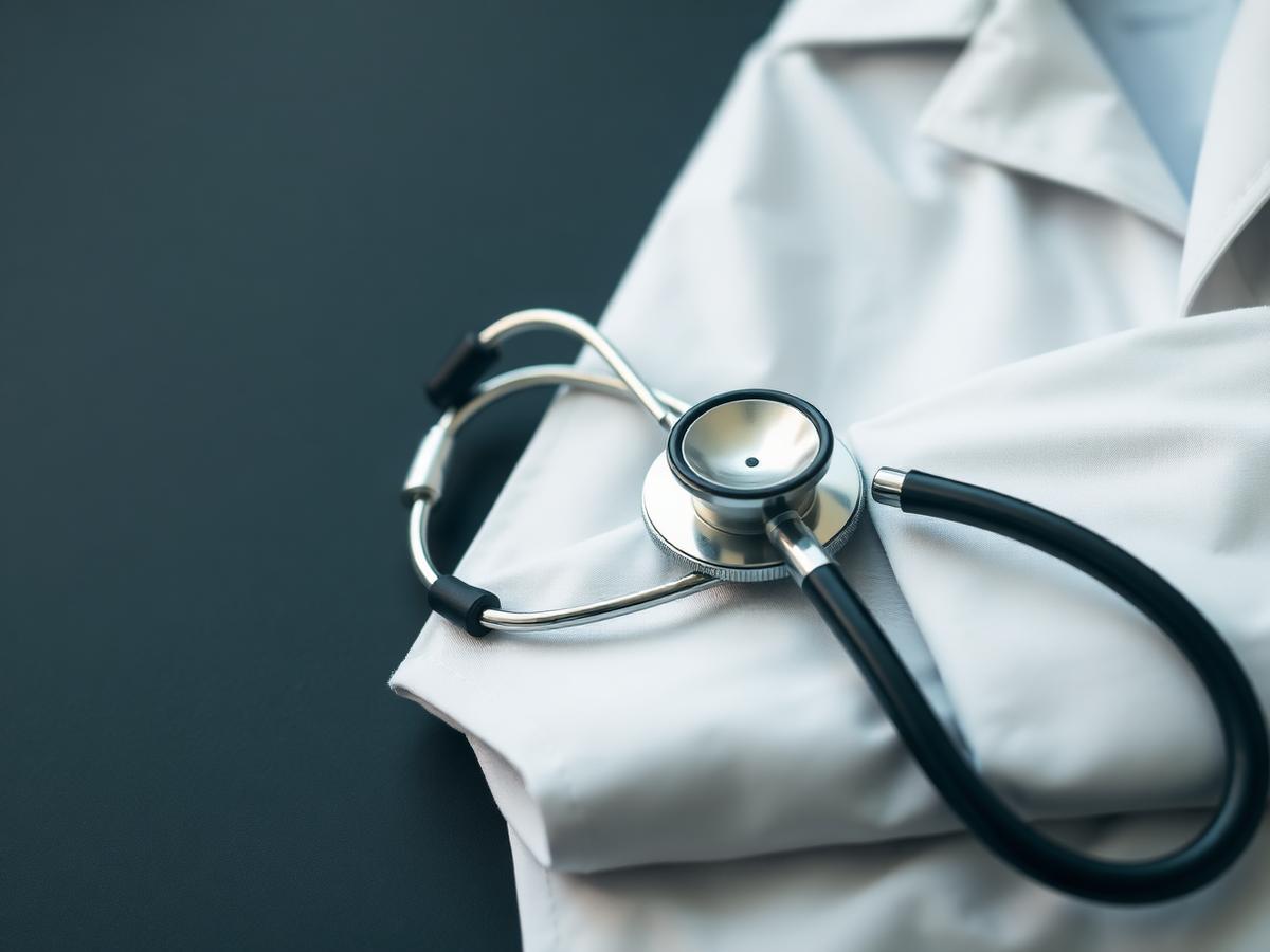 Stethoscope resting on a folded white coat